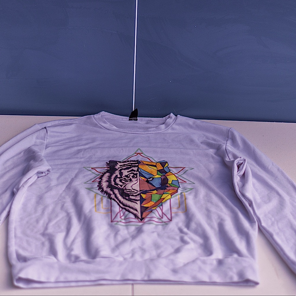 Small(size) white, long sleeve shirt with lion design, from SHEIN